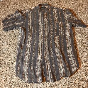 Bogari Silk Button Up Shirt Abstract Print Short Sleeve Casual‎ Large